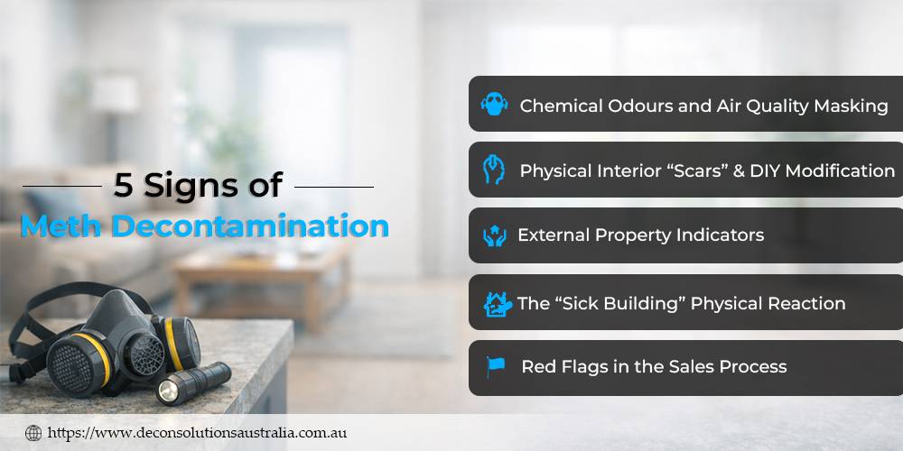 Infographic: 5 Signs Of Meth Contamination In Brisbane Homes, Including Chemical Odors, Yellow Staining, And Unusual Property Modifications.