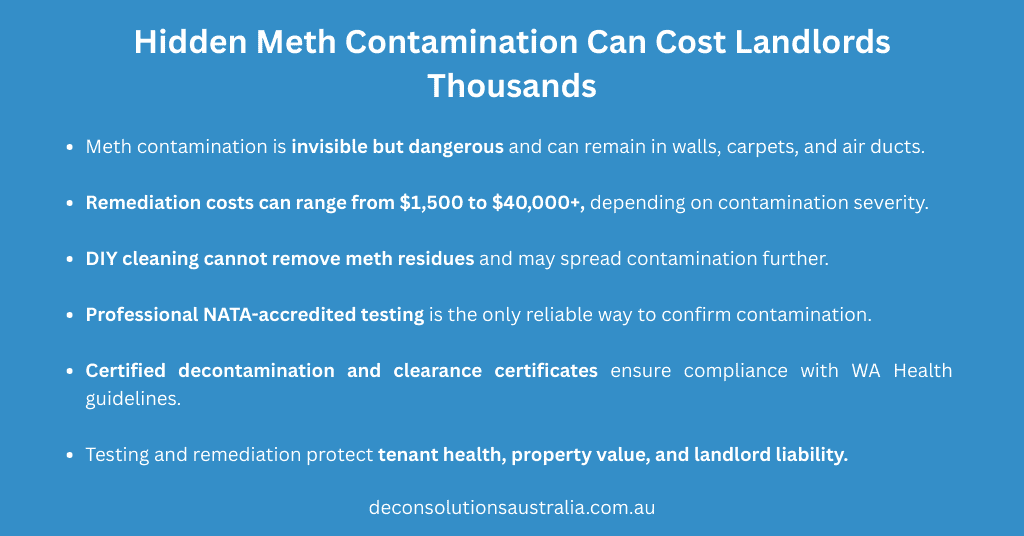 Mandurah Landlord Warns Meth Contamination Can Cost Thousands 2 Infographic For Landlords On Hidden Meth Contamination Costs, Ranging From $1,500 To $40,000+ For Remediation, And The Legal Requirement For A Clearance Certificate.