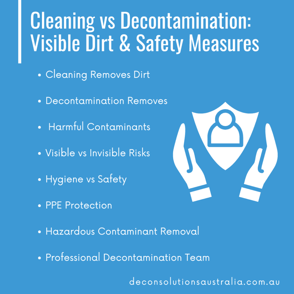 Infographic Comparing Cleaning Vs Decontamination. Highlights Visible Dirt Removal Vs Harmful Contaminant Removal And Ppe Safety.
